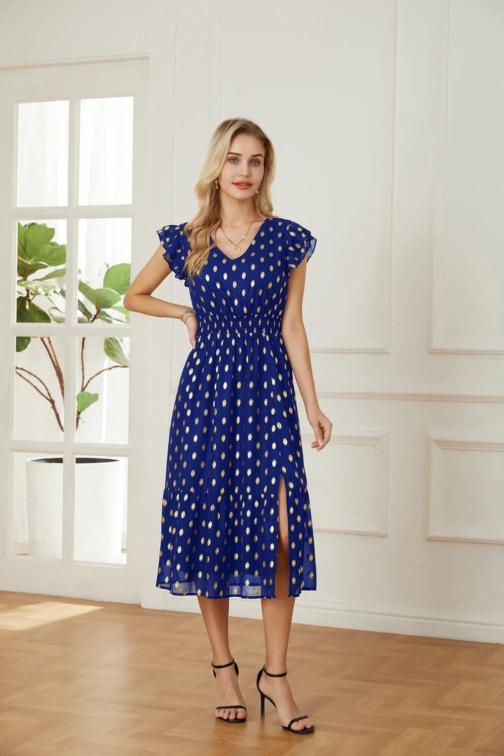 imageGRACE KARIN 2026 Womens Summer Dresses V Neck Ruffle Sleeve Floral Boho Beach Dress ALine Swing Midi Wedding Guest SundressRoyal Bluegold Dots