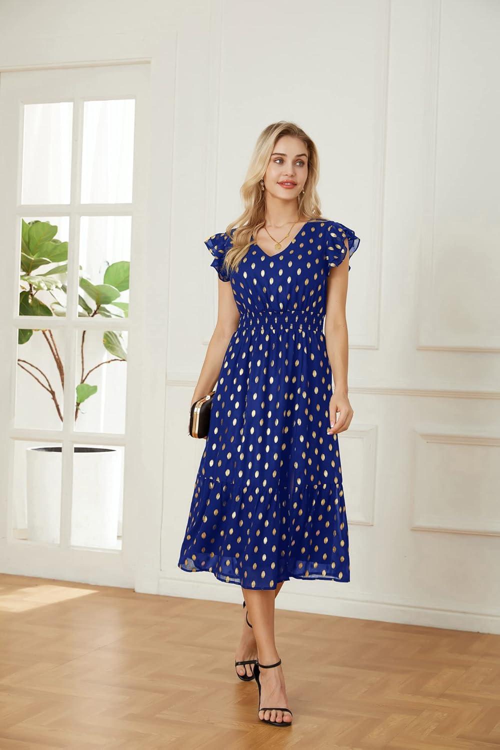 imageGRACE KARIN 2026 Womens Summer Dresses V Neck Ruffle Sleeve Floral Boho Beach Dress ALine Swing Midi Wedding Guest SundressRoyal Bluegold Dots