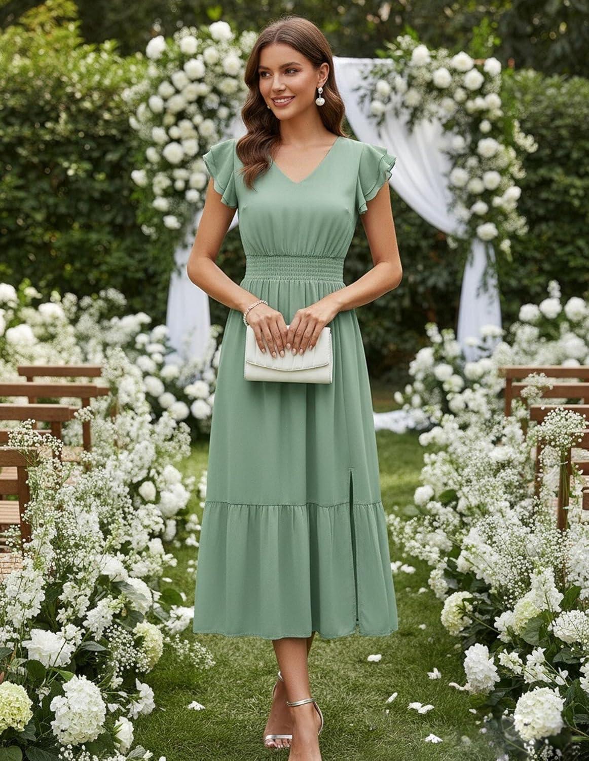 imageGRACE KARIN 2026 Womens Summer Dresses V Neck Ruffle Sleeve Floral Boho Beach Dress ALine Swing Midi Wedding Guest SundressSage Greensolid