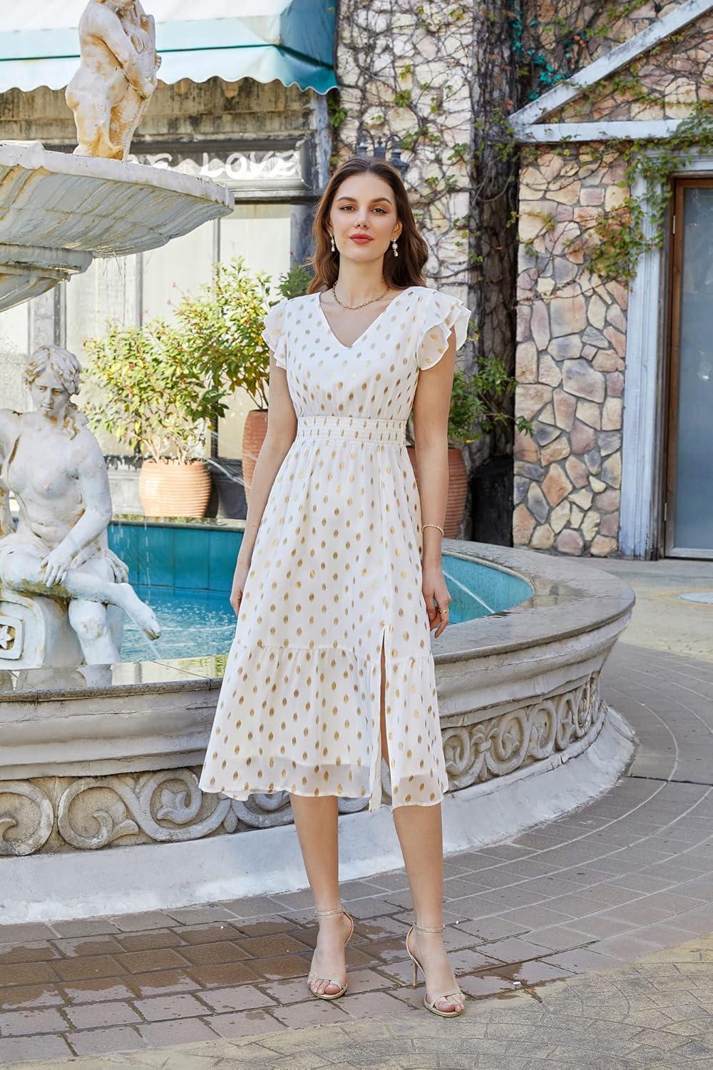 imageGRACE KARIN 2026 Womens Summer Dresses V Neck Ruffle Sleeve Floral Boho Beach Dress ALine Swing Midi Wedding Guest SundressWhitepolka Dot
