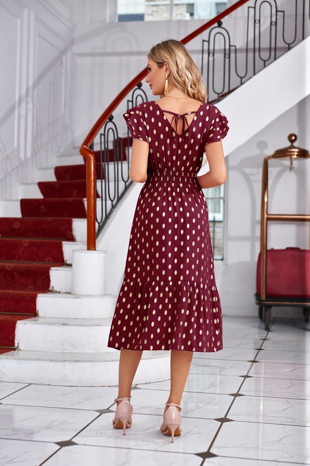 imageGRACE KARIN 2026 Womens Summer Dresses V Neck Ruffle Sleeve Floral Boho Beach Dress ALine Swing Midi Wedding Guest SundressWine Redgold Dots