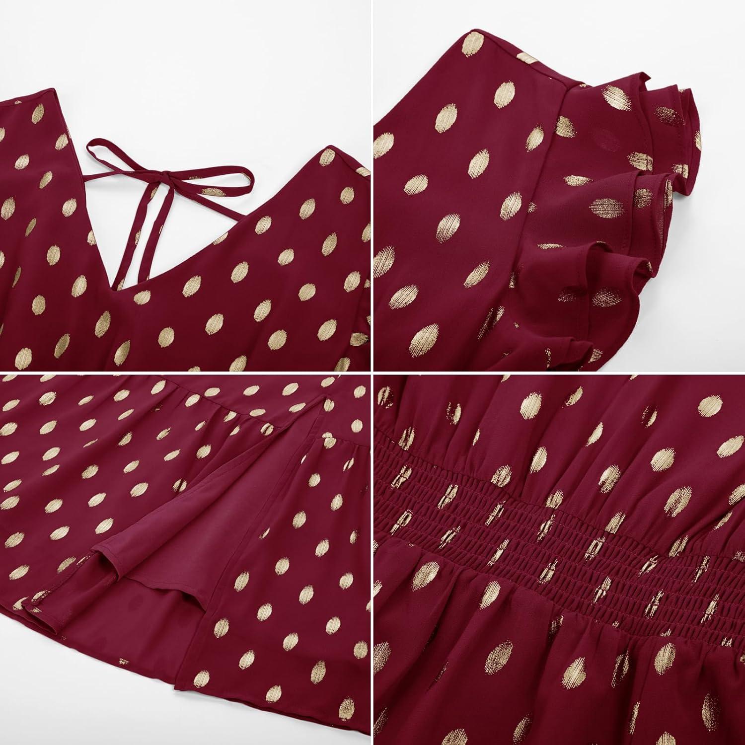 imageGRACE KARIN 2026 Womens Summer Dresses V Neck Ruffle Sleeve Floral Boho Beach Dress ALine Swing Midi Wedding Guest SundressWine Redgold Dots