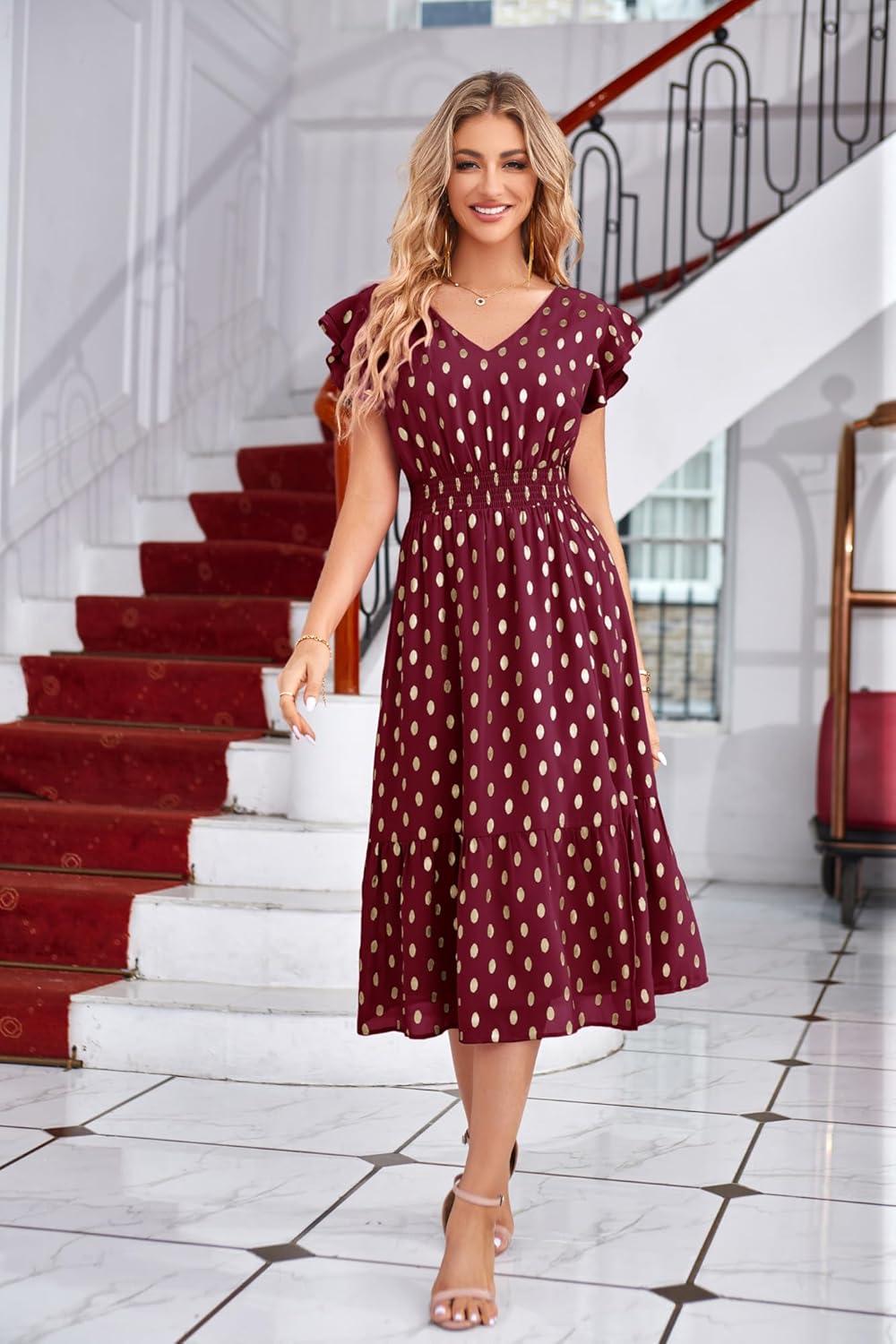 imageGRACE KARIN 2026 Womens Summer Dresses V Neck Ruffle Sleeve Floral Boho Beach Dress ALine Swing Midi Wedding Guest SundressWine Redgold Dots