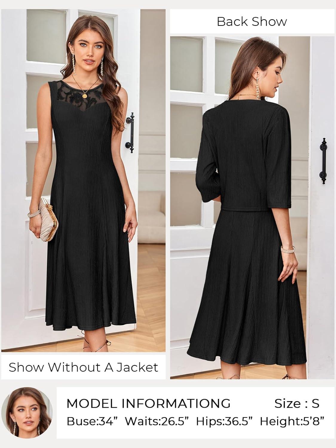 imageGRACE KARIN Mother of The Bride Dress Wedding Guest Formal Evening Dress Lace Sequins Midi Dress with JacketBlack
