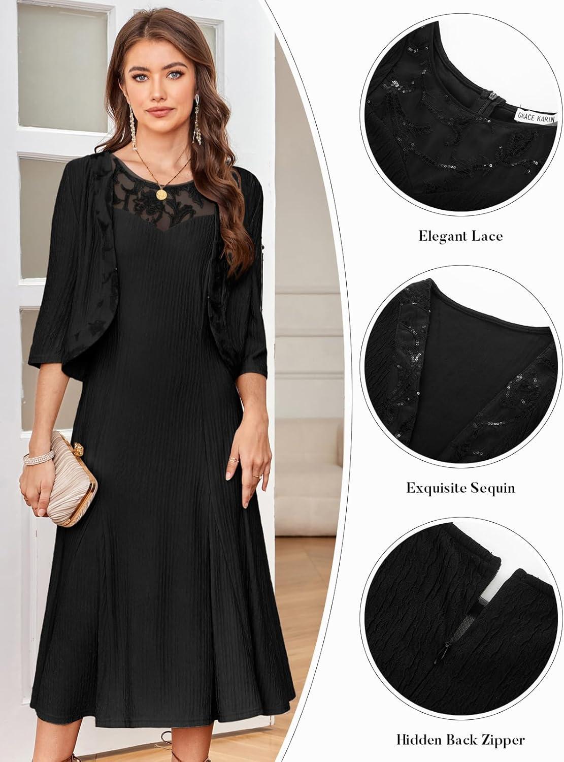 imageGRACE KARIN Mother of The Bride Dress Wedding Guest Formal Evening Dress Lace Sequins Midi Dress with JacketBlack