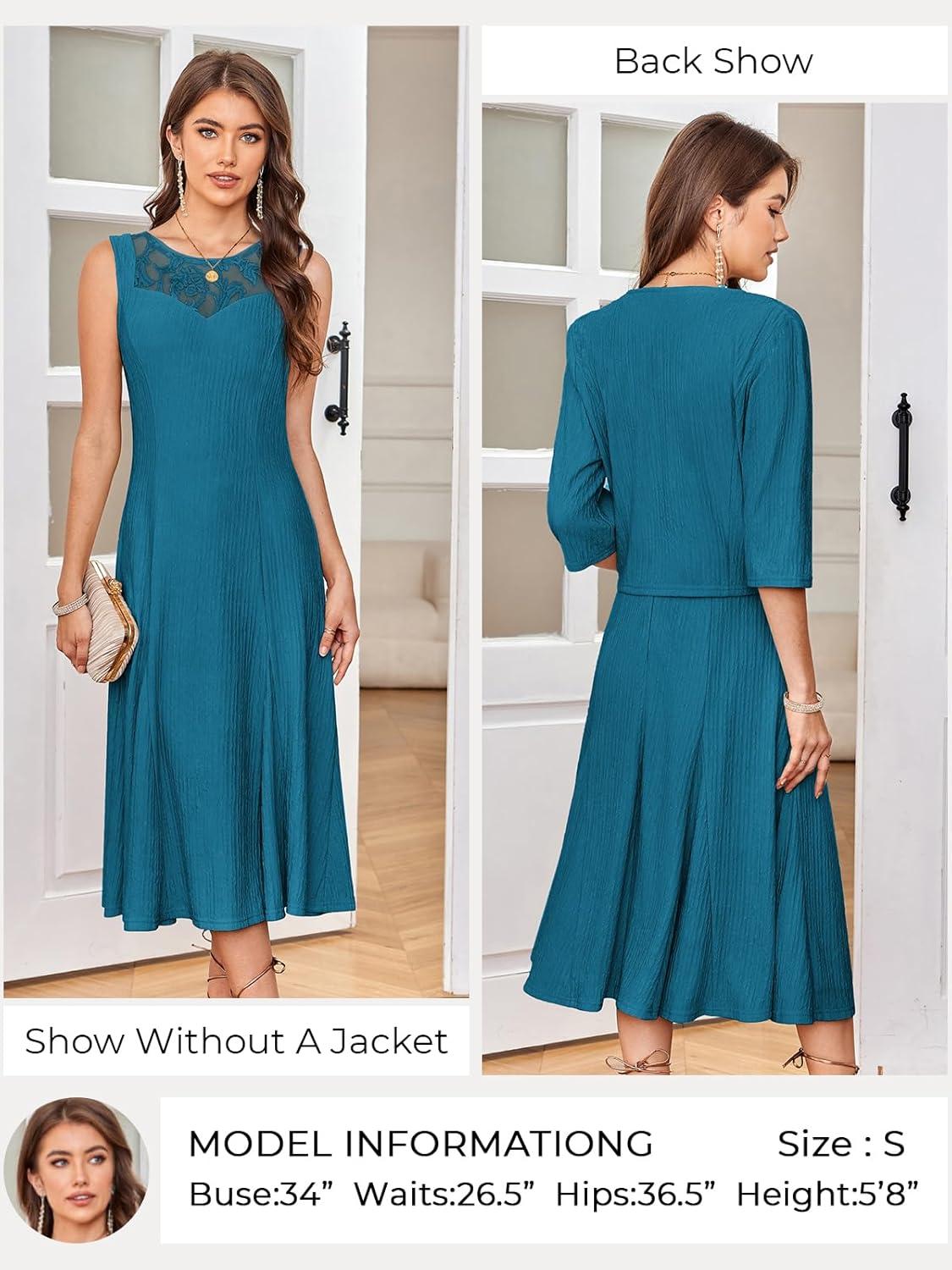 imageGRACE KARIN Mother of The Bride Dress Wedding Guest Formal Evening Dress Lace Sequins Midi Dress with JacketBluegreen