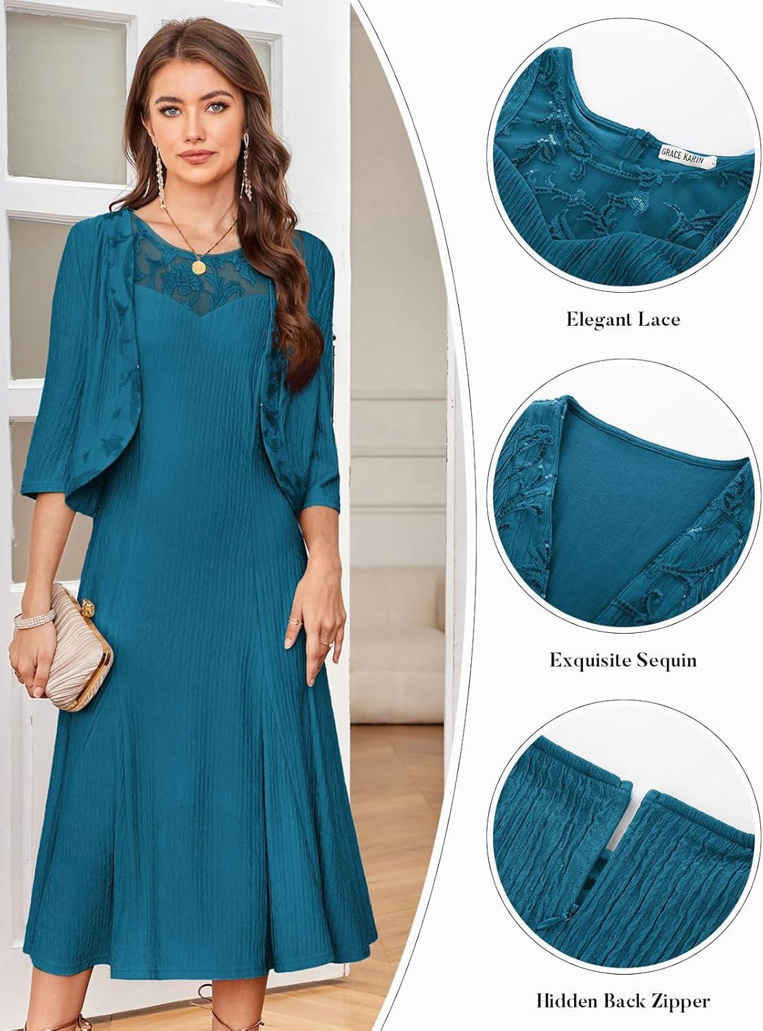 imageGRACE KARIN Mother of The Bride Dress Wedding Guest Formal Evening Dress Lace Sequins Midi Dress with JacketBluegreen