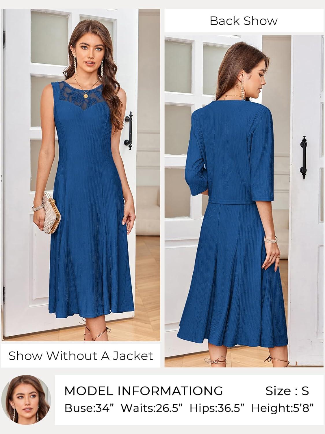 imageGRACE KARIN Mother of The Bride Dress Wedding Guest Formal Evening Dress Lace Sequins Midi Dress with JacketDark Blue