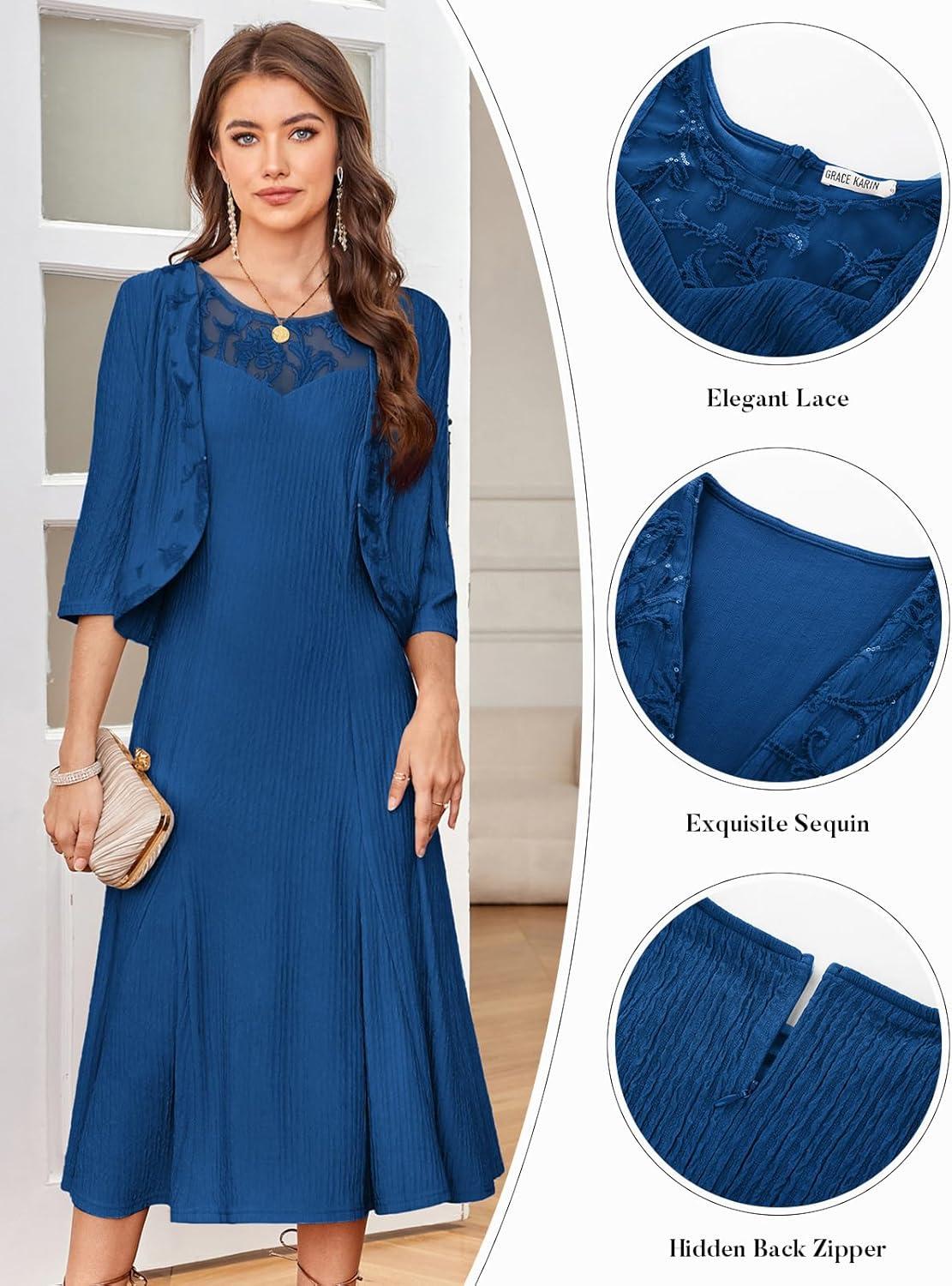 imageGRACE KARIN Mother of The Bride Dress Wedding Guest Formal Evening Dress Lace Sequins Midi Dress with JacketDark Blue