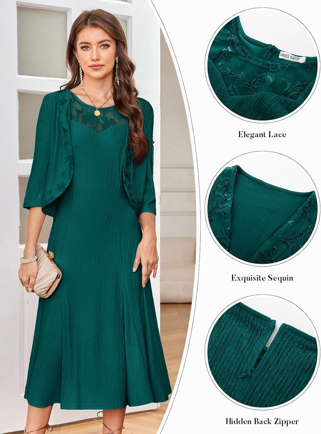 imageGRACE KARIN Mother of The Bride Dress Wedding Guest Formal Evening Dress Lace Sequins Midi Dress with JacketDark Green
