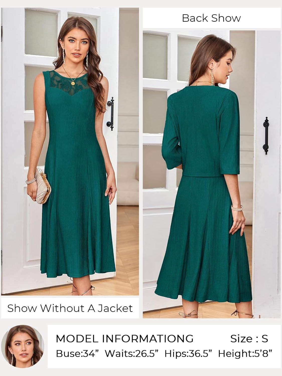 imageGRACE KARIN Mother of The Bride Dress Wedding Guest Formal Evening Dress Lace Sequins Midi Dress with JacketDark Green