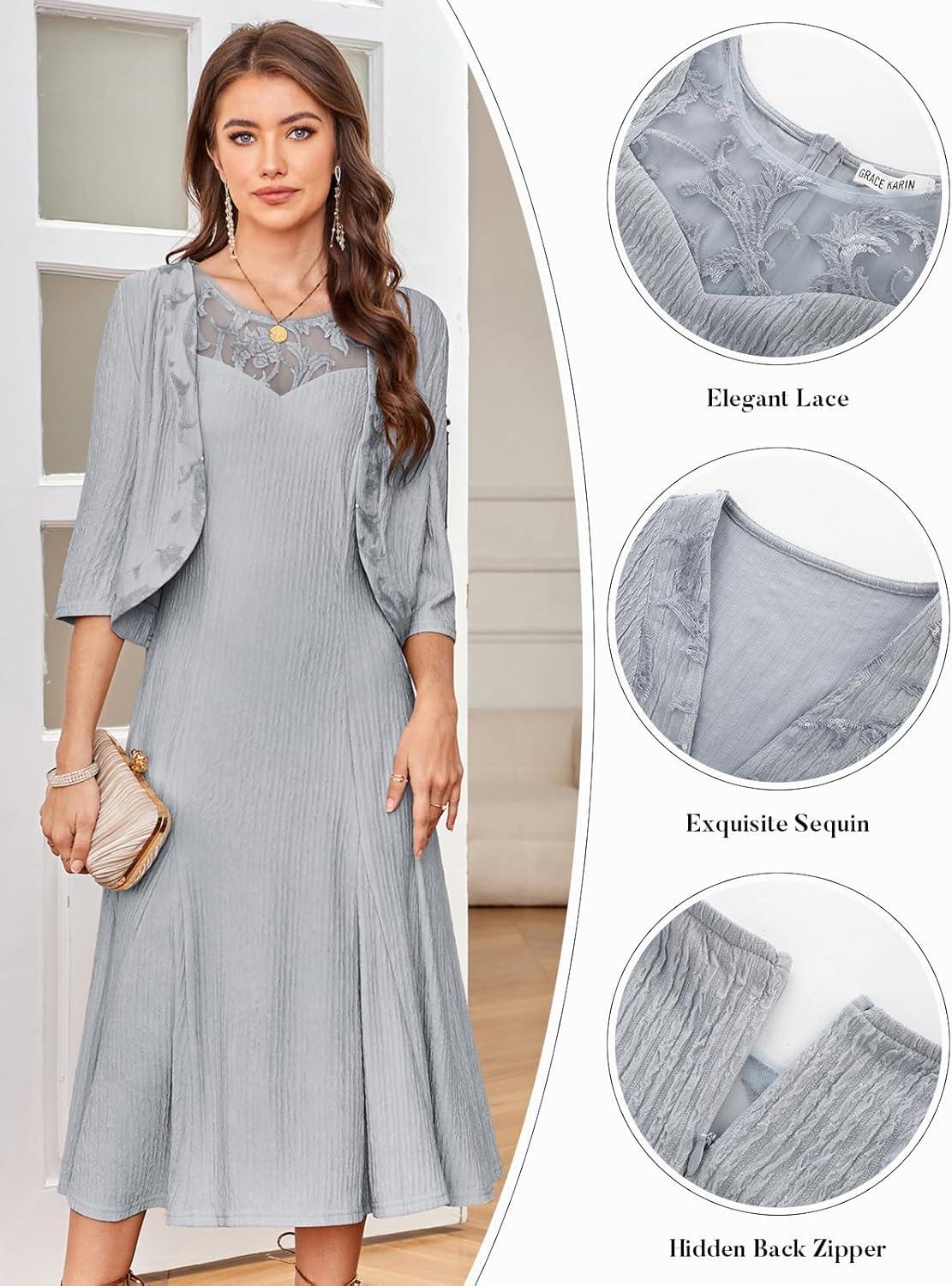 imageGRACE KARIN Mother of The Bride Dress Wedding Guest Formal Evening Dress Lace Sequins Midi Dress with JacketLight Gray