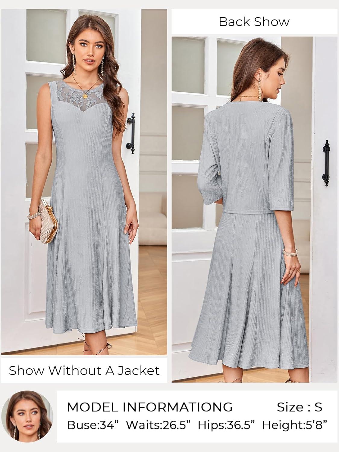 imageGRACE KARIN Mother of The Bride Dress Wedding Guest Formal Evening Dress Lace Sequins Midi Dress with JacketLight Gray