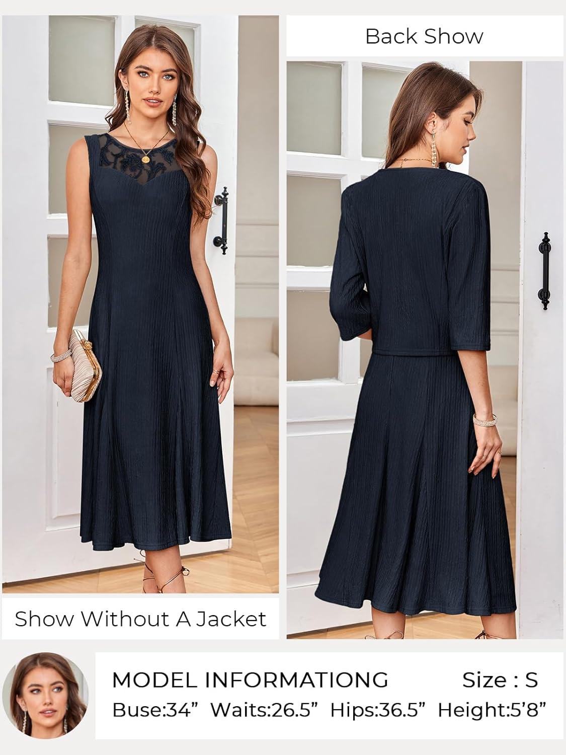 imageGRACE KARIN Mother of The Bride Dress Wedding Guest Formal Evening Dress Lace Sequins Midi Dress with JacketNavy Blue