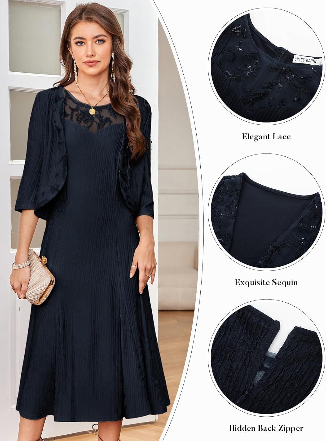 imageGRACE KARIN Mother of The Bride Dress Wedding Guest Formal Evening Dress Lace Sequins Midi Dress with JacketNavy Blue