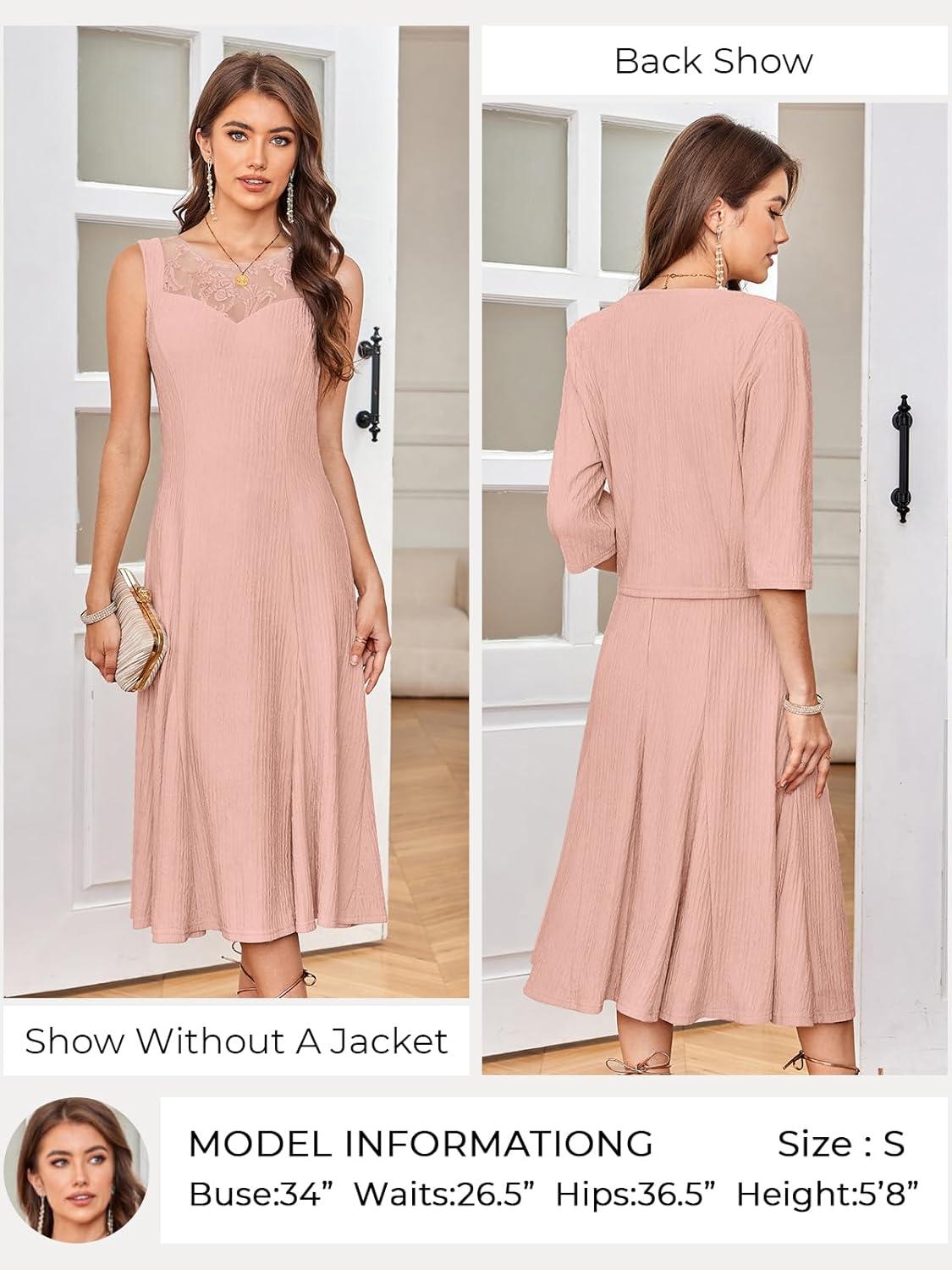 imageGRACE KARIN Mother of The Bride Dress Wedding Guest Formal Evening Dress Lace Sequins Midi Dress with JacketPink