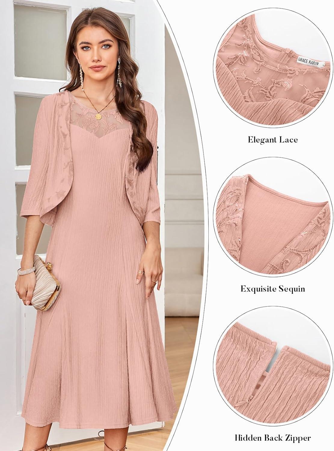 imageGRACE KARIN Mother of The Bride Dress Wedding Guest Formal Evening Dress Lace Sequins Midi Dress with JacketPink