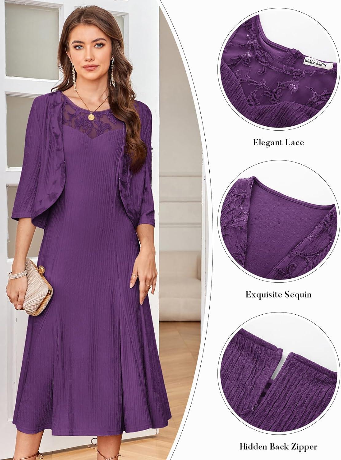 imageGRACE KARIN Mother of The Bride Dress Wedding Guest Formal Evening Dress Lace Sequins Midi Dress with JacketPurple