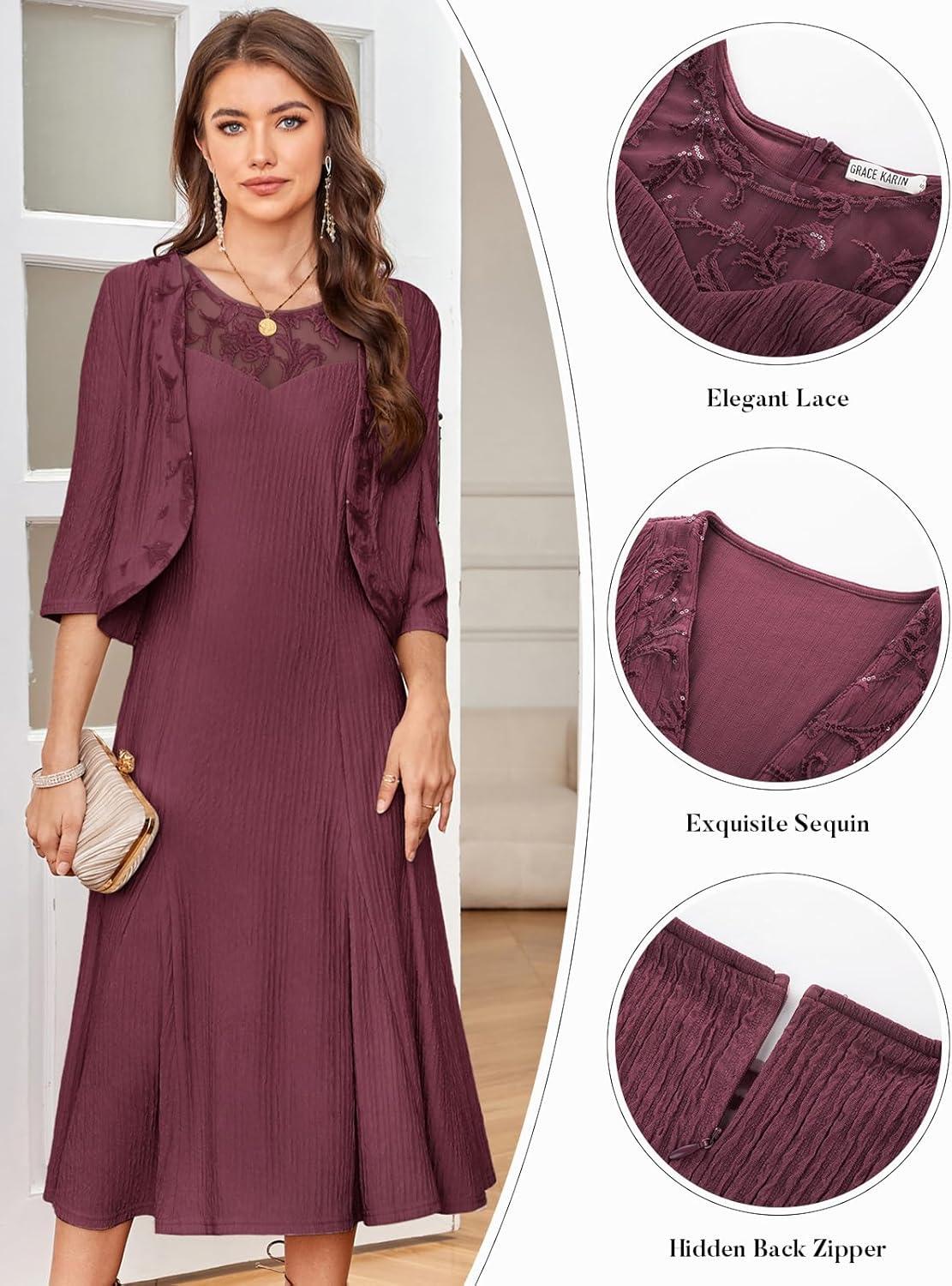 imageGRACE KARIN Mother of The Bride Dress Wedding Guest Formal Evening Dress Lace Sequins Midi Dress with JacketRose Purple