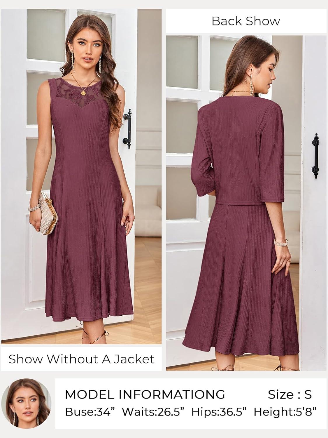 imageGRACE KARIN Mother of The Bride Dress Wedding Guest Formal Evening Dress Lace Sequins Midi Dress with JacketRose Purple
