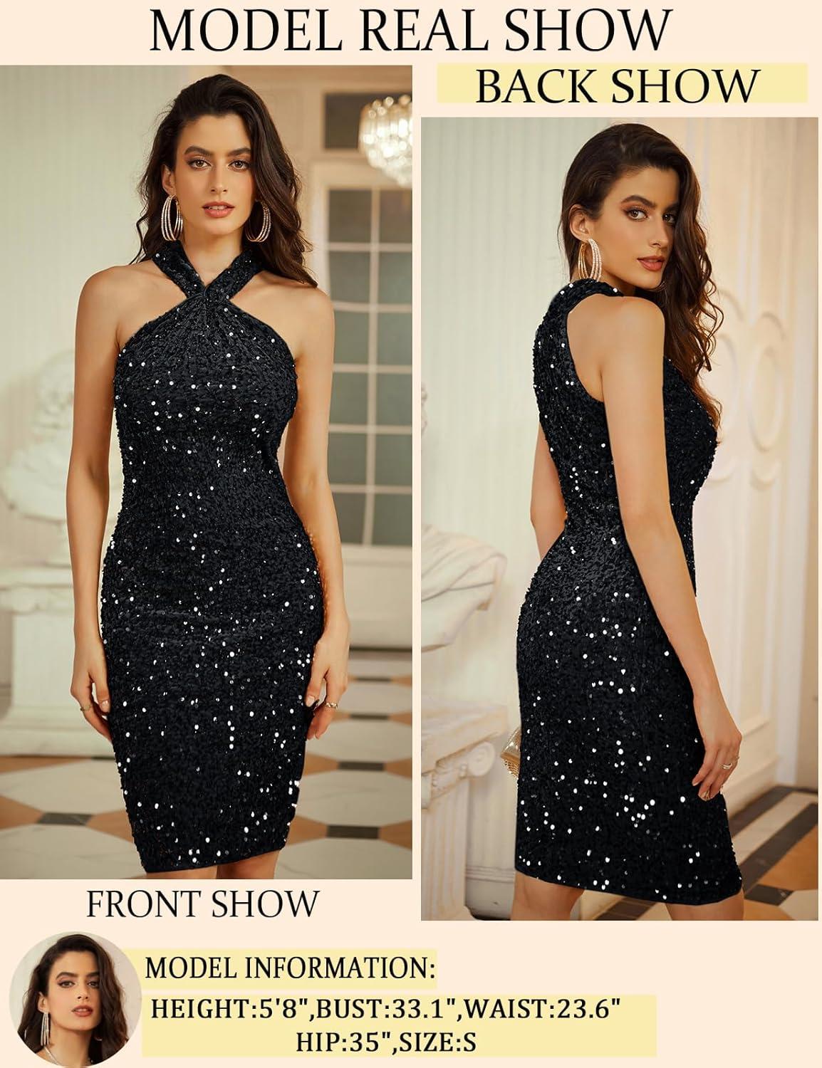 imageGRACE KARIN Sequin Dress for Women Sleeveless Sparkly Glitter Halter Dress Bodycon Mini Club Dresses 2025Black