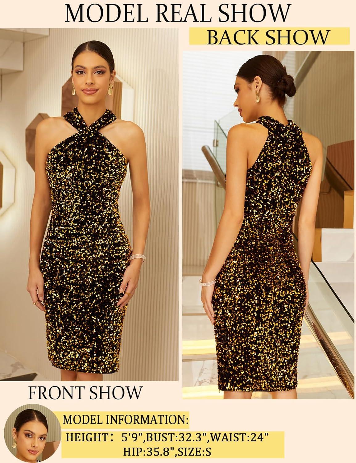 imageGRACE KARIN Sequin Dress for Women Sleeveless Sparkly Glitter Halter Dress Bodycon Mini Club Dresses 2025Black Gold