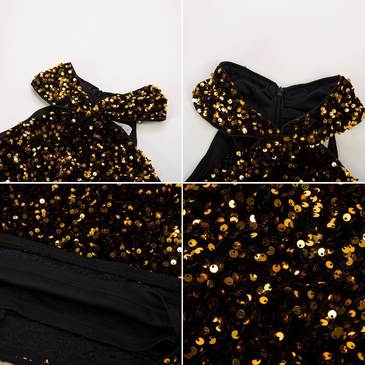 imageGRACE KARIN Sequin Dress for Women Sleeveless Sparkly Glitter Halter Dress Bodycon Mini Club Dresses 2025Black Gold