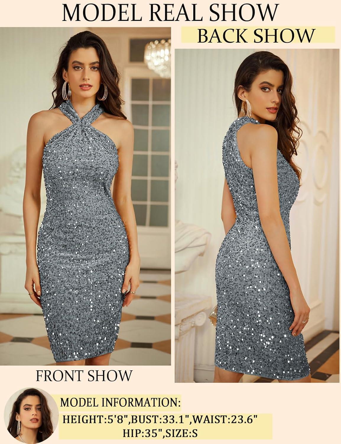 imageGRACE KARIN Sequin Dress for Women Sleeveless Sparkly Glitter Halter Dress Bodycon Mini Club Dresses 2025Dark Gray