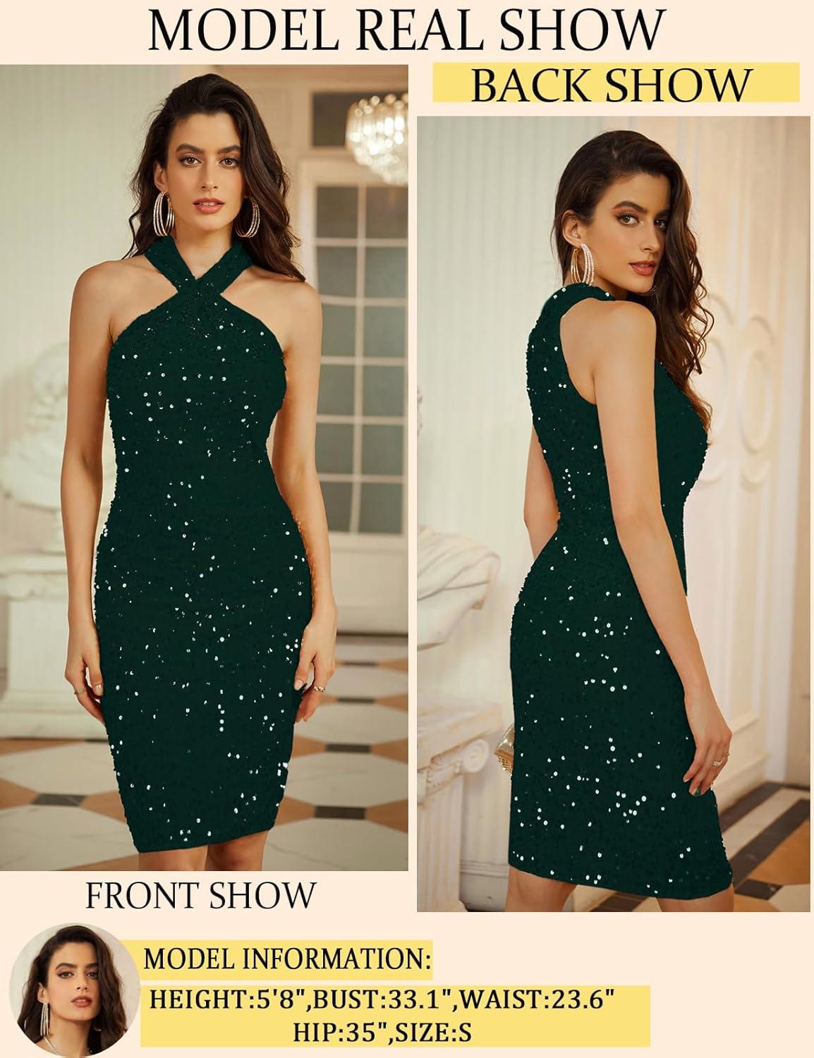 imageGRACE KARIN Sequin Dress for Women Sleeveless Sparkly Glitter Halter Dress Bodycon Mini Club Dresses 2025Dark Green