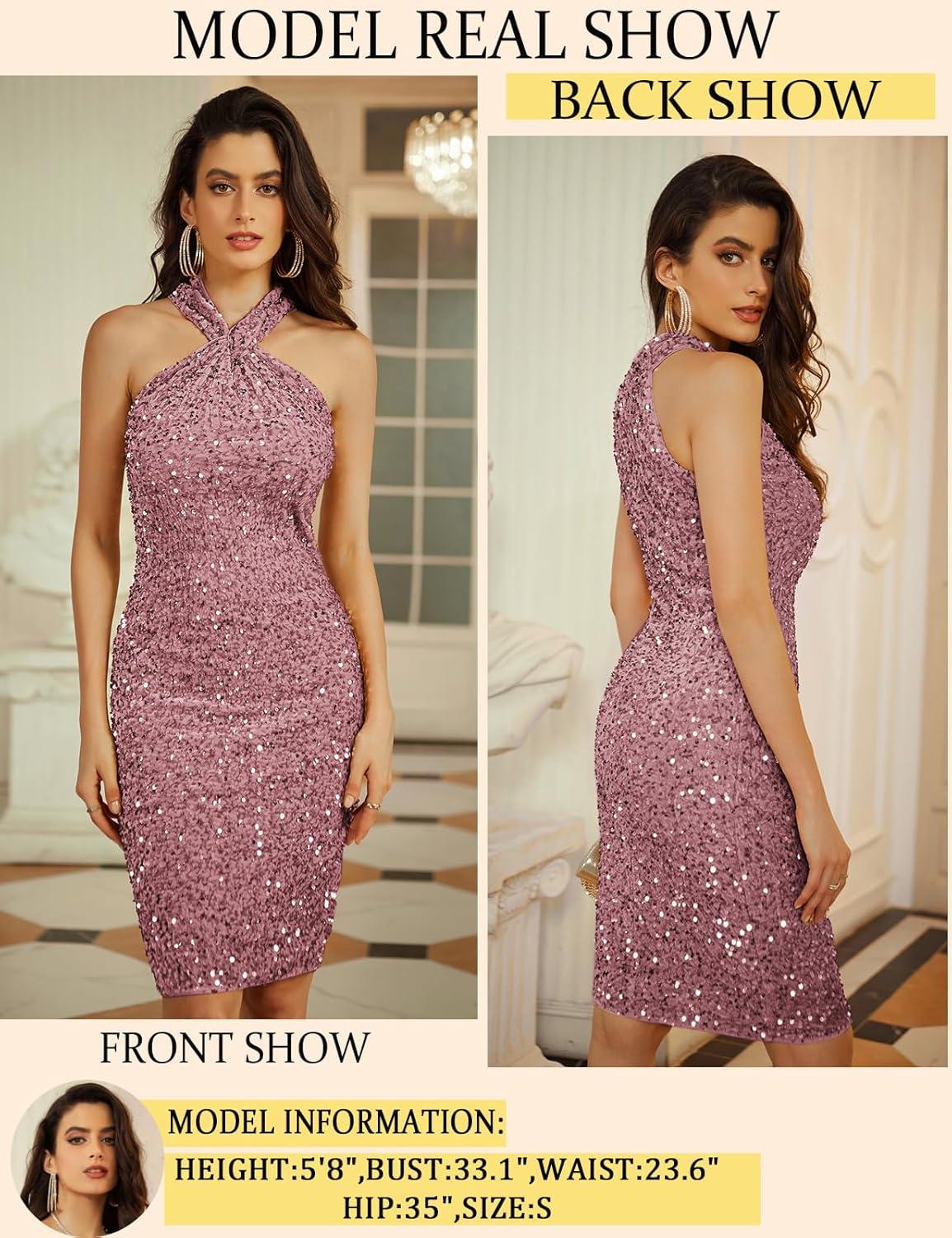 imageGRACE KARIN Sequin Dress for Women Sleeveless Sparkly Glitter Halter Dress Bodycon Mini Club Dresses 2025Gray Pink