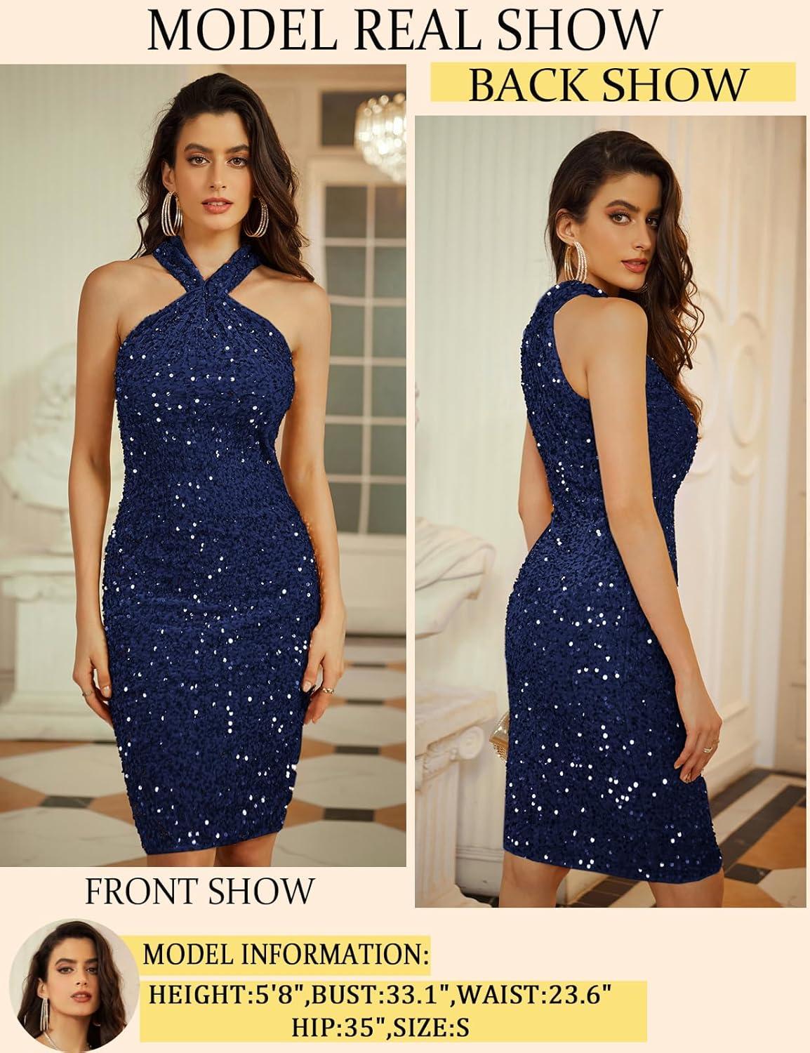 imageGRACE KARIN Sequin Dress for Women Sleeveless Sparkly Glitter Halter Dress Bodycon Mini Club Dresses 2025Navy Blue