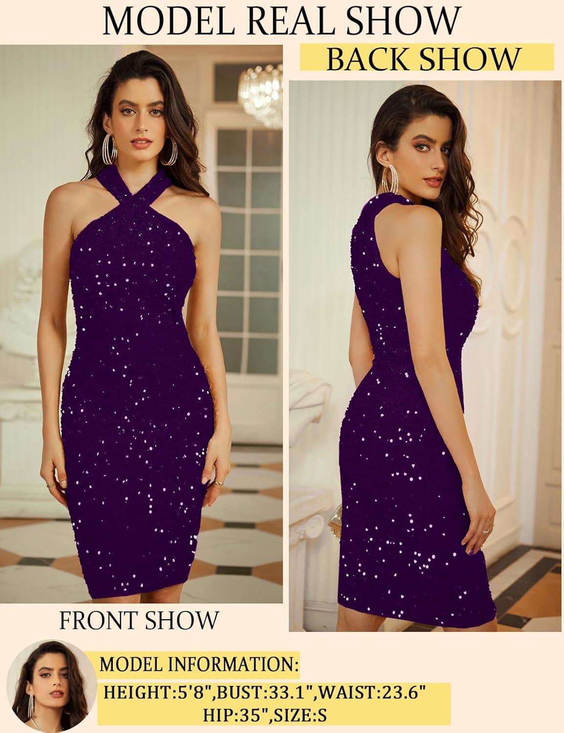 imageGRACE KARIN Sequin Dress for Women Sleeveless Sparkly Glitter Halter Dress Bodycon Mini Club Dresses 2025Purple
