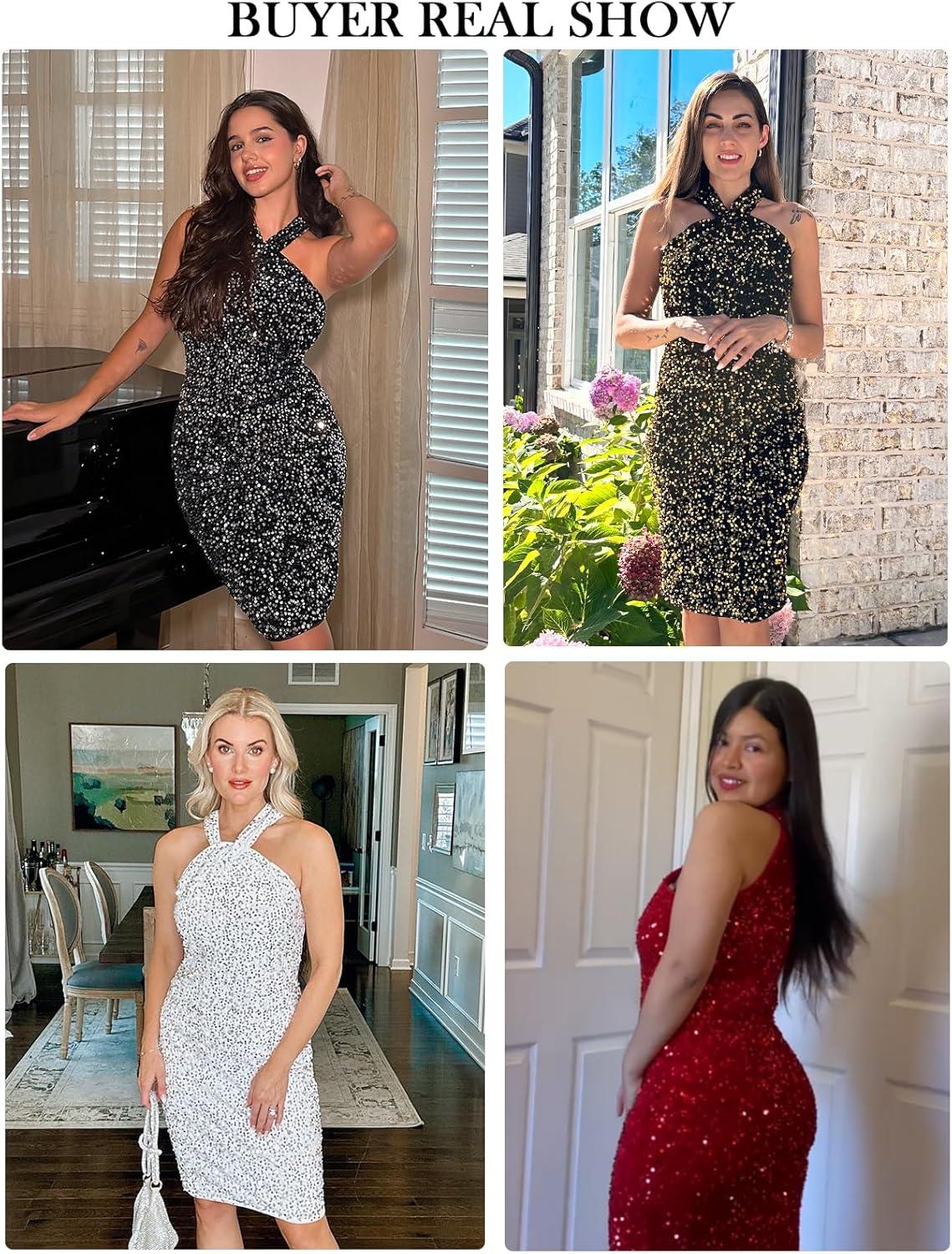 imageGRACE KARIN Sequin Dress for Women Sleeveless Sparkly Glitter Halter Dress Bodycon Mini Club Dresses 2025Red