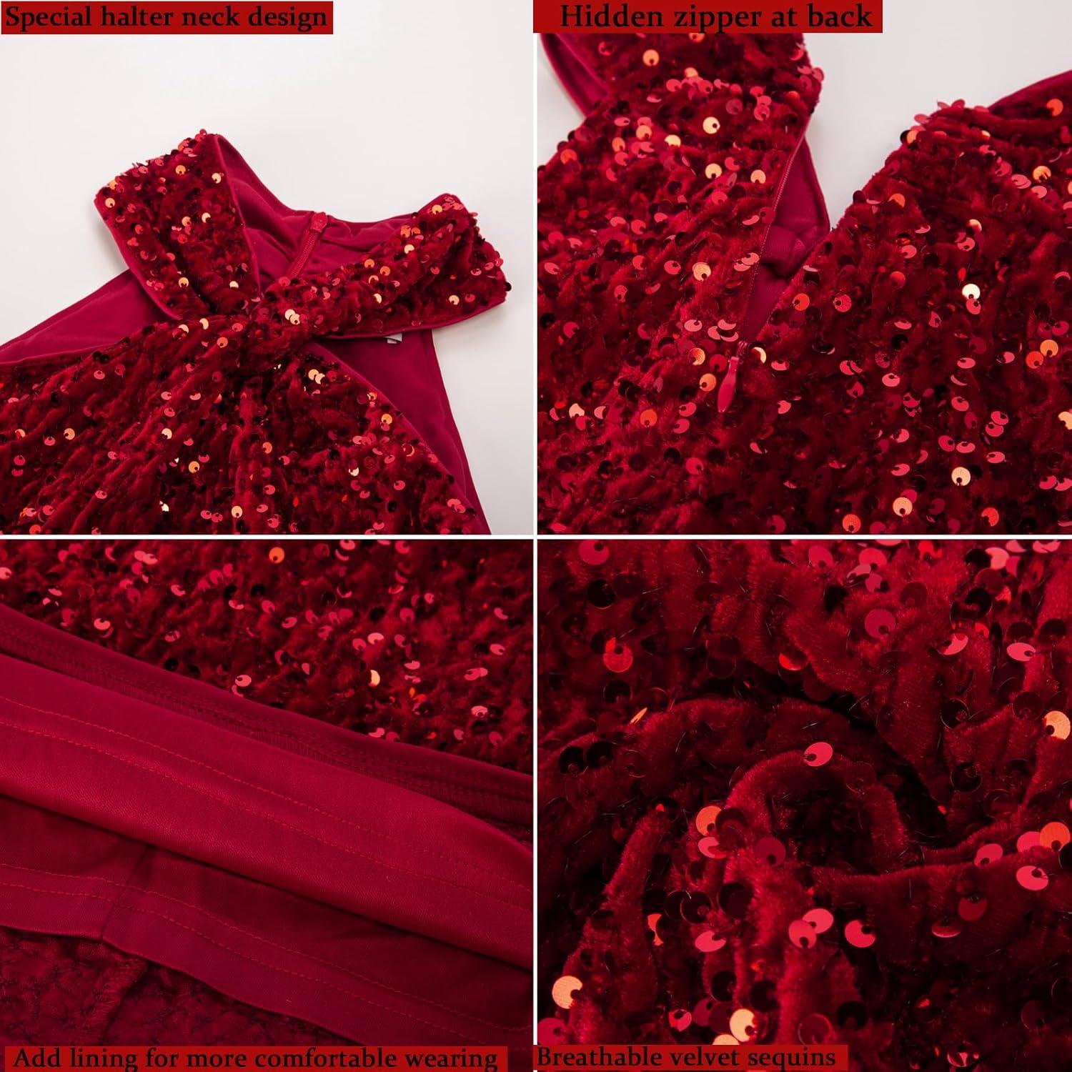 imageGRACE KARIN Sequin Dress for Women Sleeveless Sparkly Glitter Halter Dress Bodycon Mini Club Dresses 2025Red