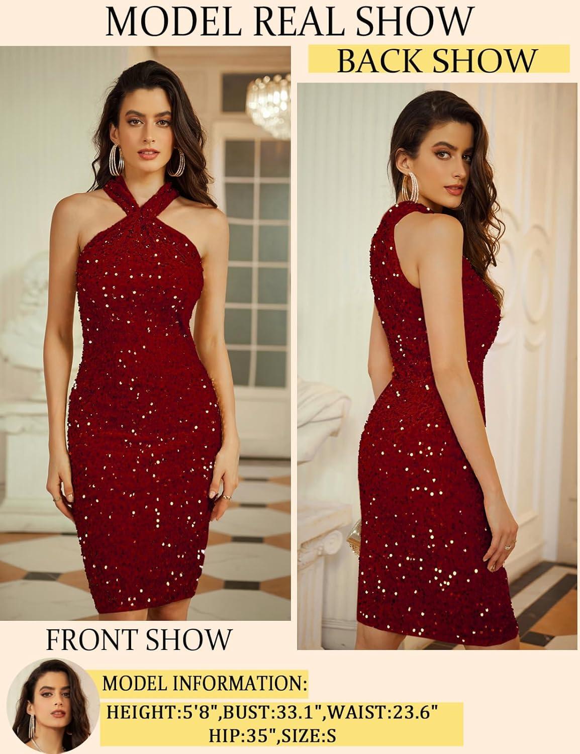 imageGRACE KARIN Sequin Dress for Women Sleeveless Sparkly Glitter Halter Dress Bodycon Mini Club Dresses 2025Red