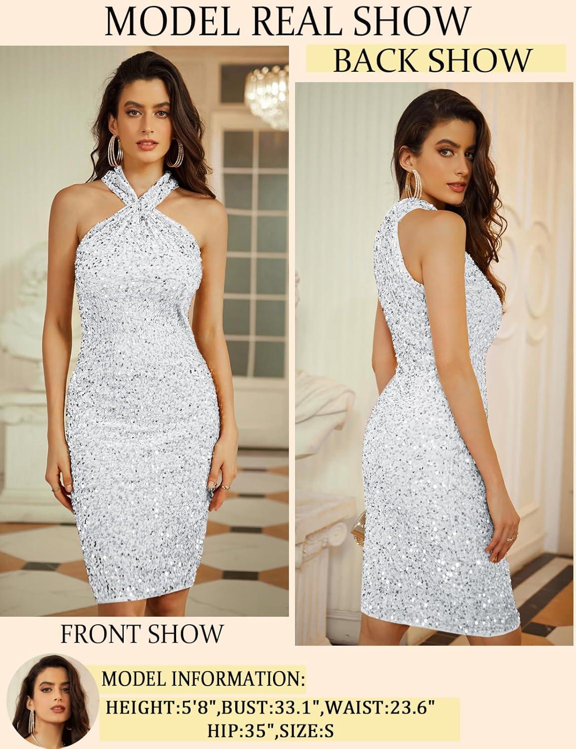 imageGRACE KARIN Sequin Dress for Women Sleeveless Sparkly Glitter Halter Dress Bodycon Mini Club Dresses 2025Silver
