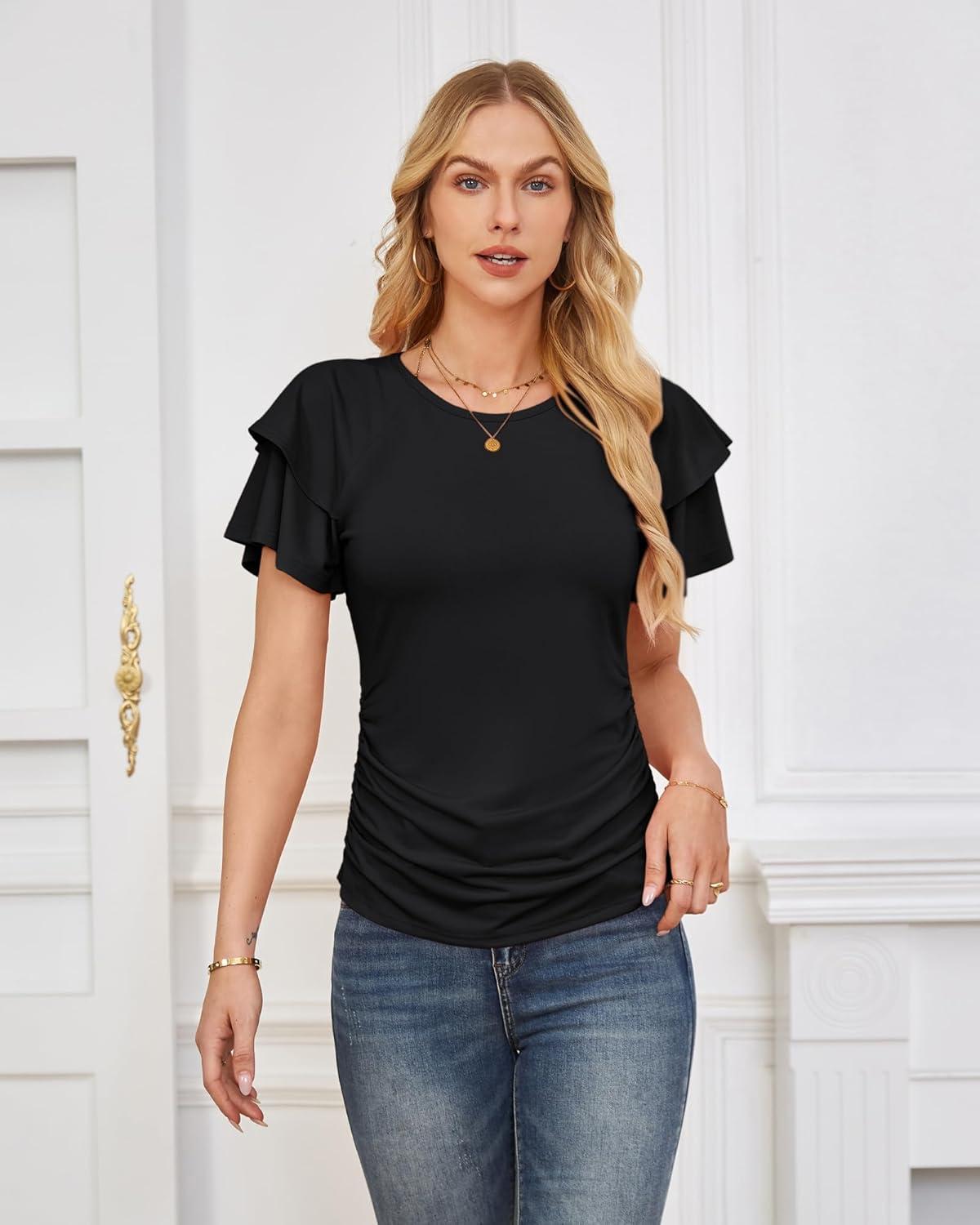 imageGRACE KARIN Summer Tops for Women Dressy Casual Ruffle Short Sleeve Work Shirt 2026 Spring Trendy Ruched Business BlousesBlack