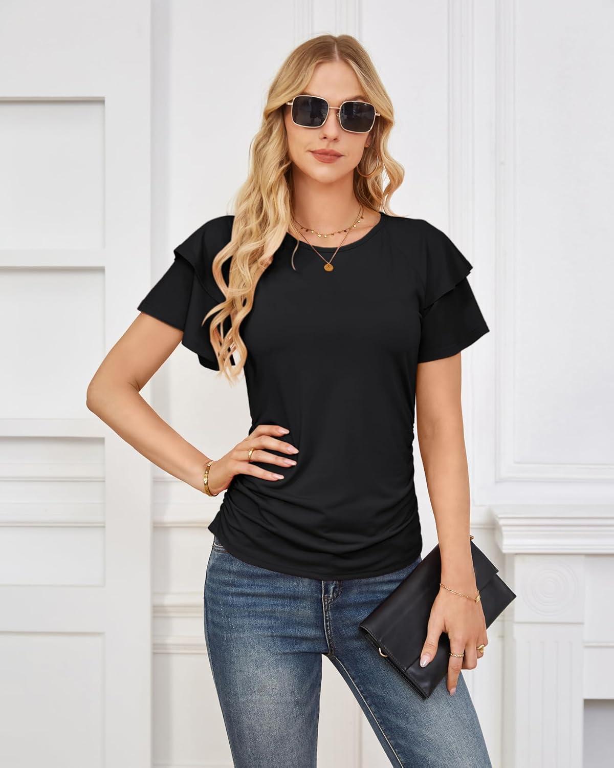 imageGRACE KARIN Summer Tops for Women Dressy Casual Ruffle Short Sleeve Work Shirt 2026 Spring Trendy Ruched Business BlousesBlack