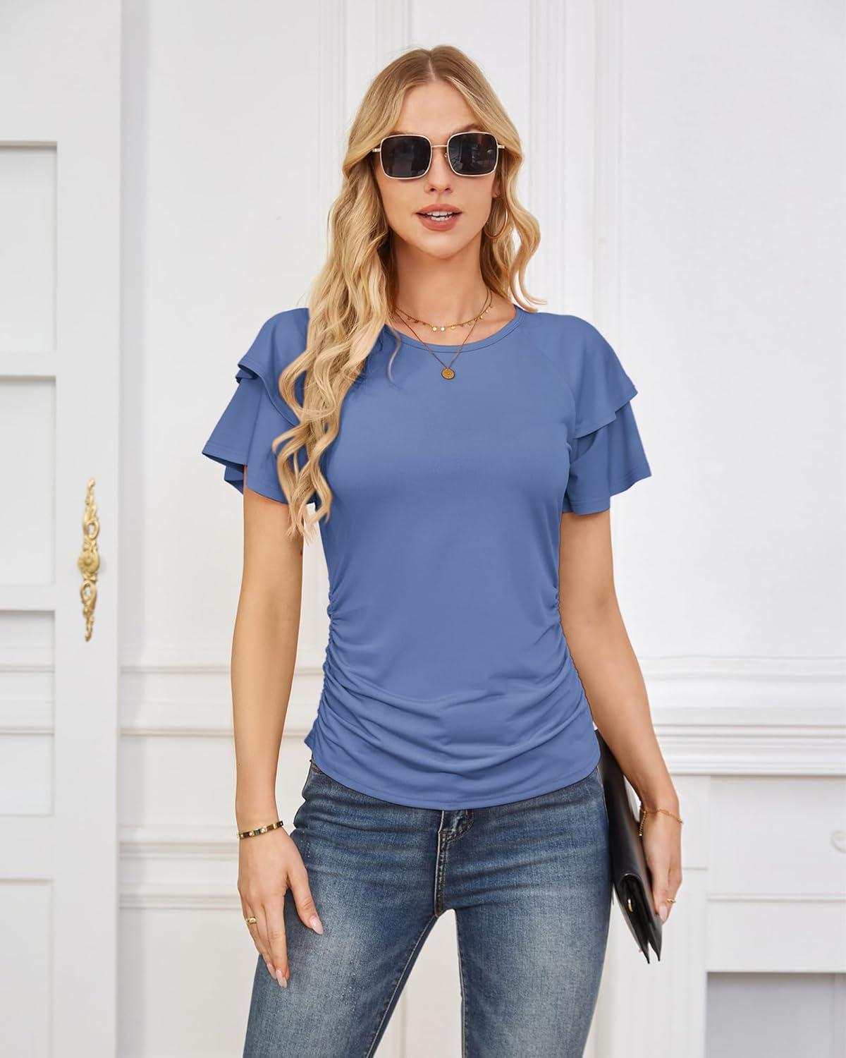 imageGRACE KARIN Summer Tops for Women Dressy Casual Ruffle Short Sleeve Work Shirt 2026 Spring Trendy Ruched Business BlousesBlue