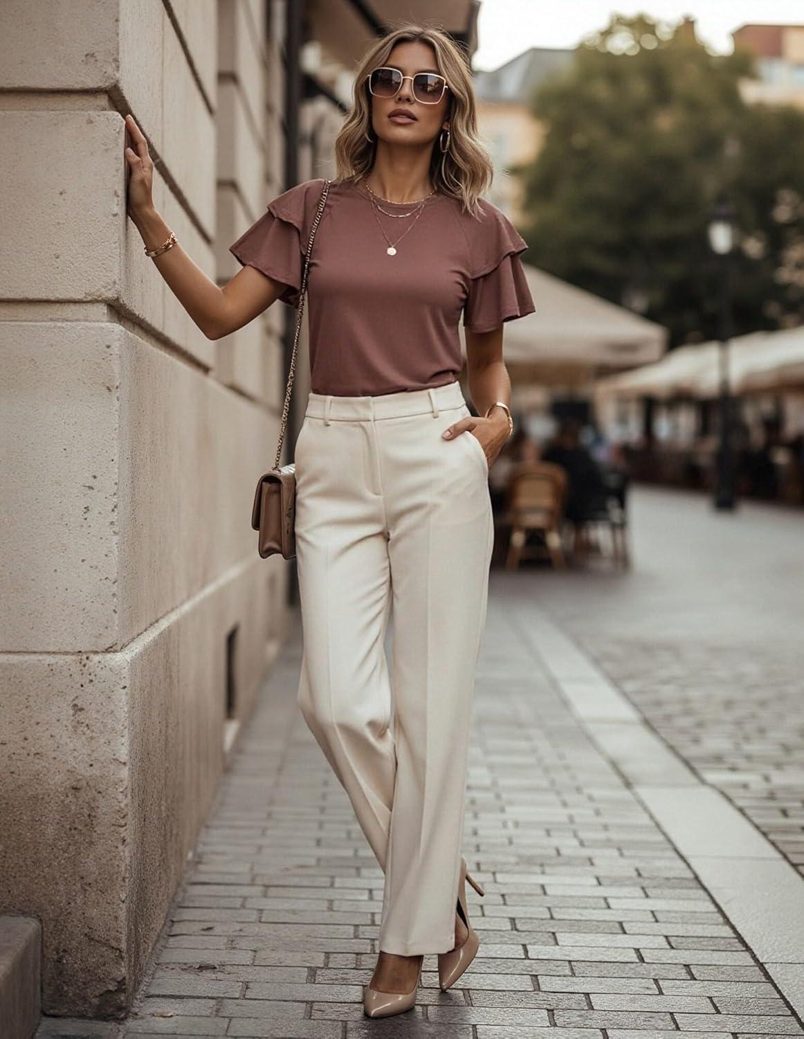 imageGRACE KARIN Summer Tops for Women Dressy Casual Ruffle Short Sleeve Work Shirt 2026 Spring Trendy Ruched Business BlousesChocolate Brown
