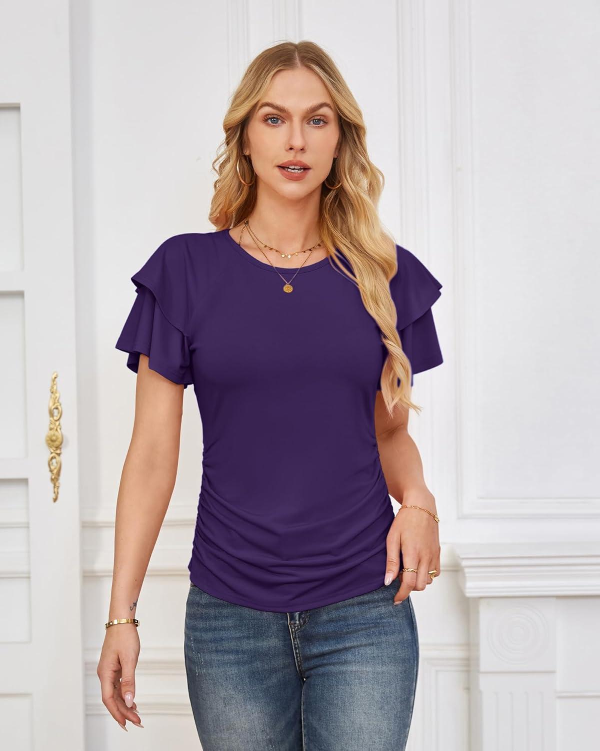 imageGRACE KARIN Summer Tops for Women Dressy Casual Ruffle Short Sleeve Work Shirt 2026 Spring Trendy Ruched Business BlousesDark Green
