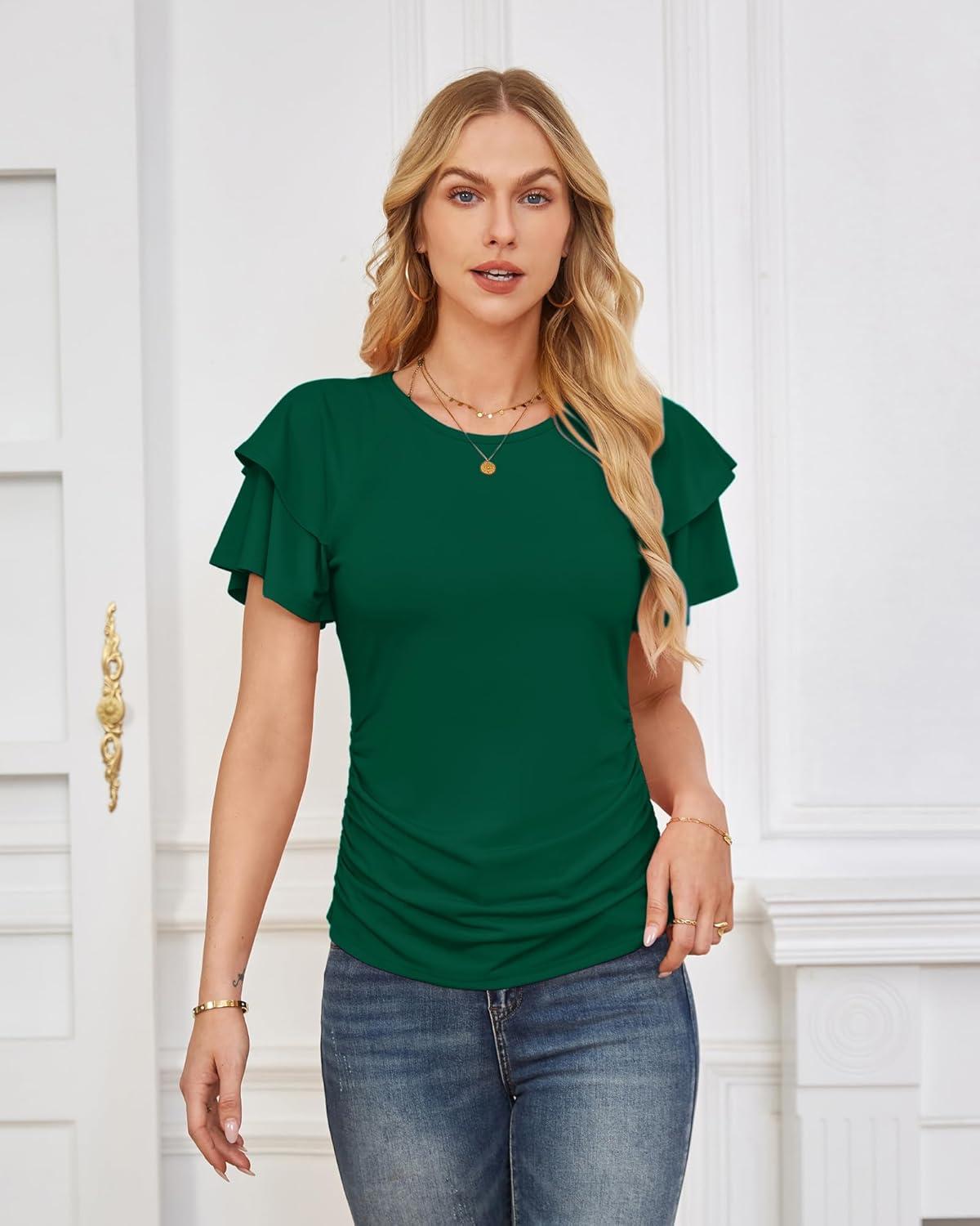 imageGRACE KARIN Summer Tops for Women Dressy Casual Ruffle Short Sleeve Work Shirt 2026 Spring Trendy Ruched Business BlousesDark Green
