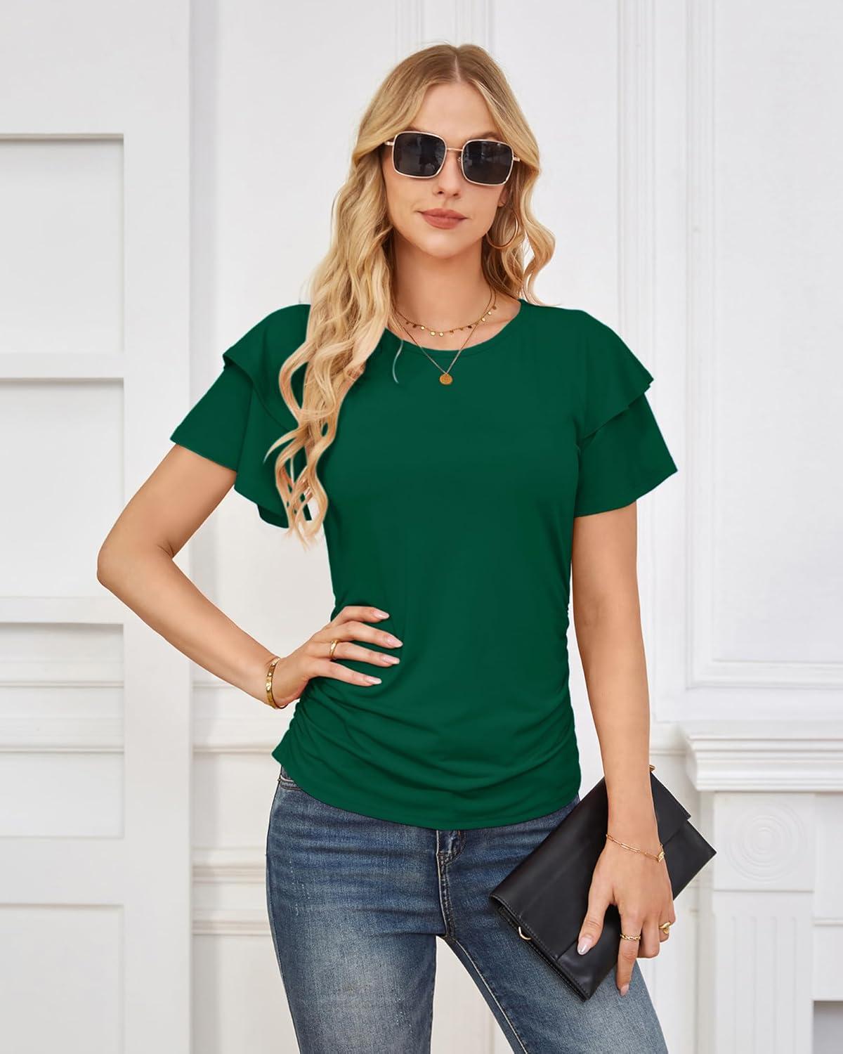 imageGRACE KARIN Summer Tops for Women Dressy Casual Ruffle Short Sleeve Work Shirt 2026 Spring Trendy Ruched Business BlousesDark Green