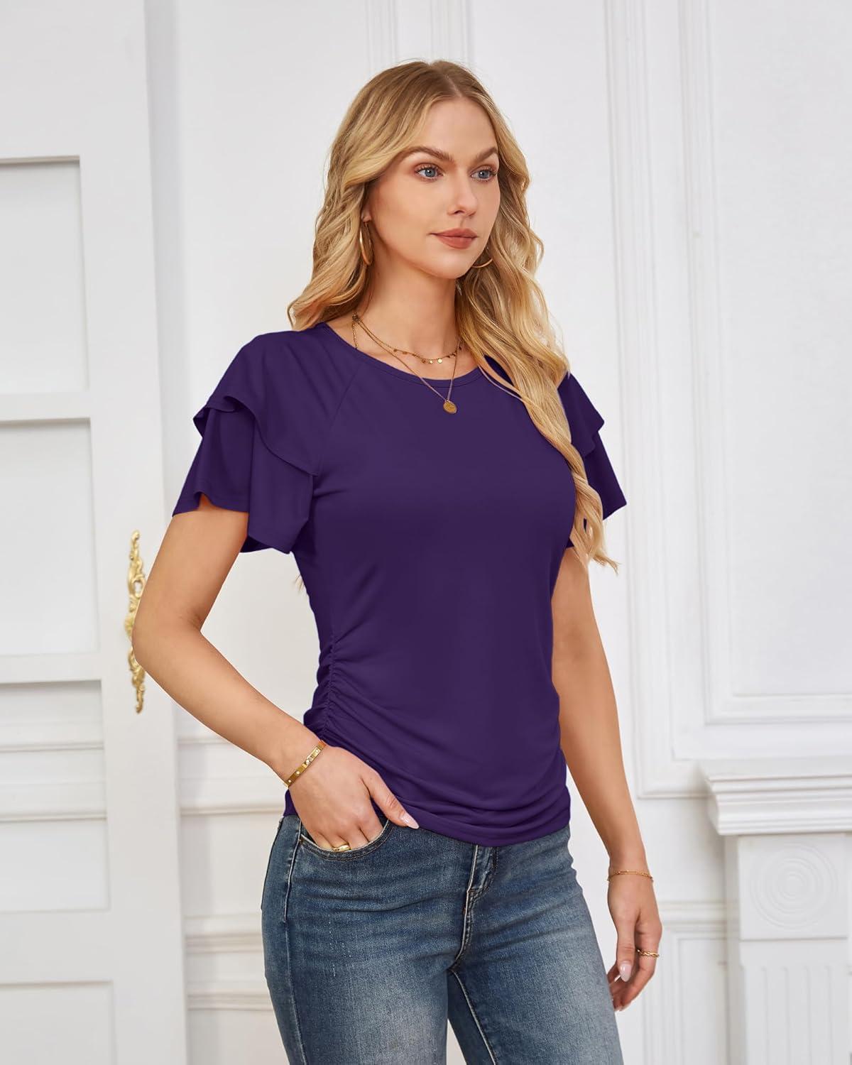 imageGRACE KARIN Summer Tops for Women Dressy Casual Ruffle Short Sleeve Work Shirt 2026 Spring Trendy Ruched Business BlousesDark Purple