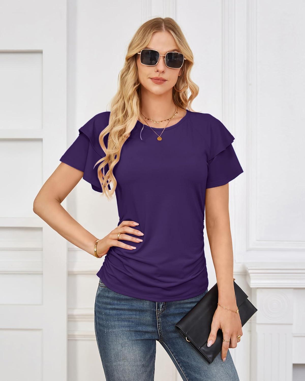 imageGRACE KARIN Summer Tops for Women Dressy Casual Ruffle Short Sleeve Work Shirt 2026 Spring Trendy Ruched Business BlousesDark Purple
