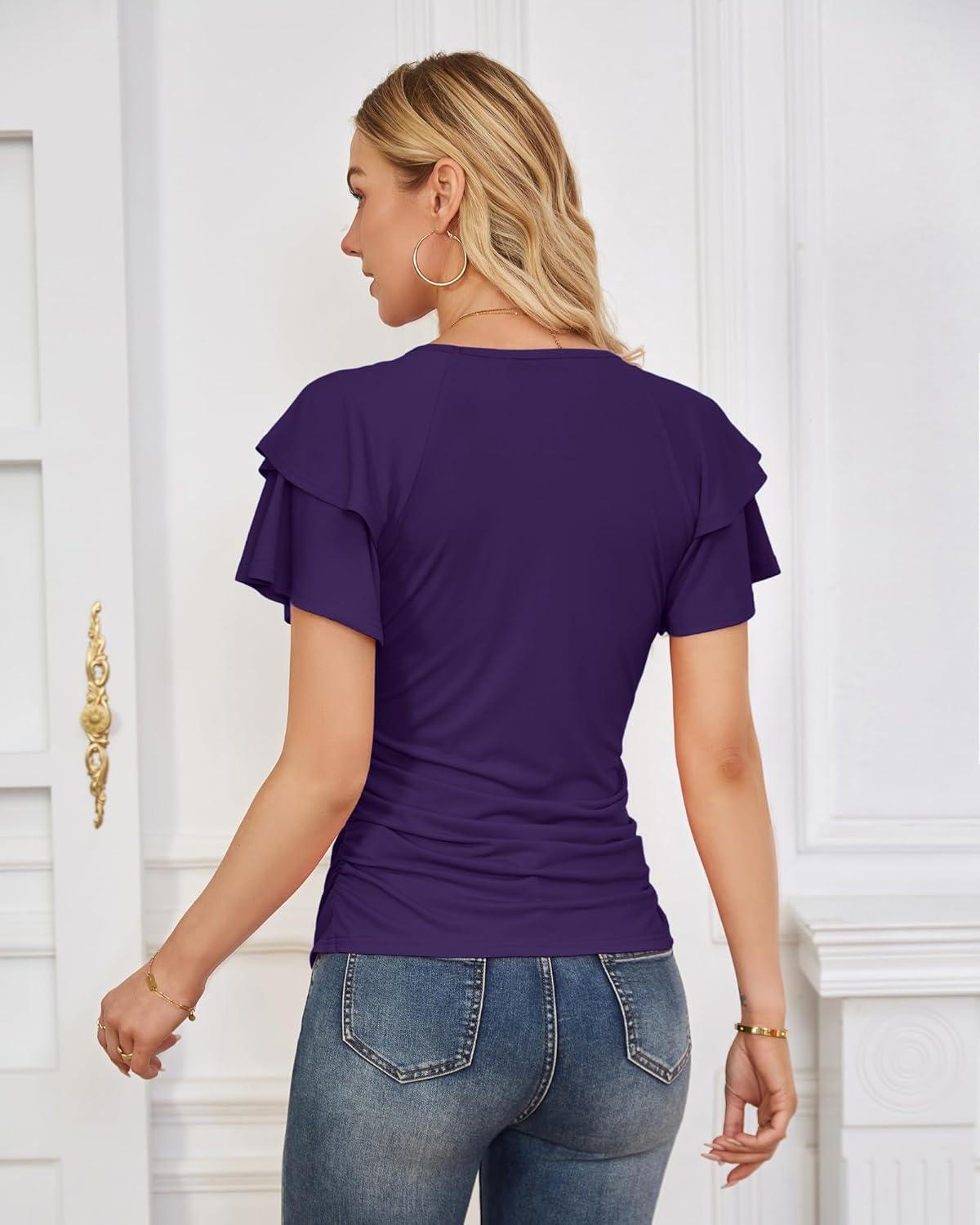 imageGRACE KARIN Summer Tops for Women Dressy Casual Ruffle Short Sleeve Work Shirt 2026 Spring Trendy Ruched Business BlousesDark Purple