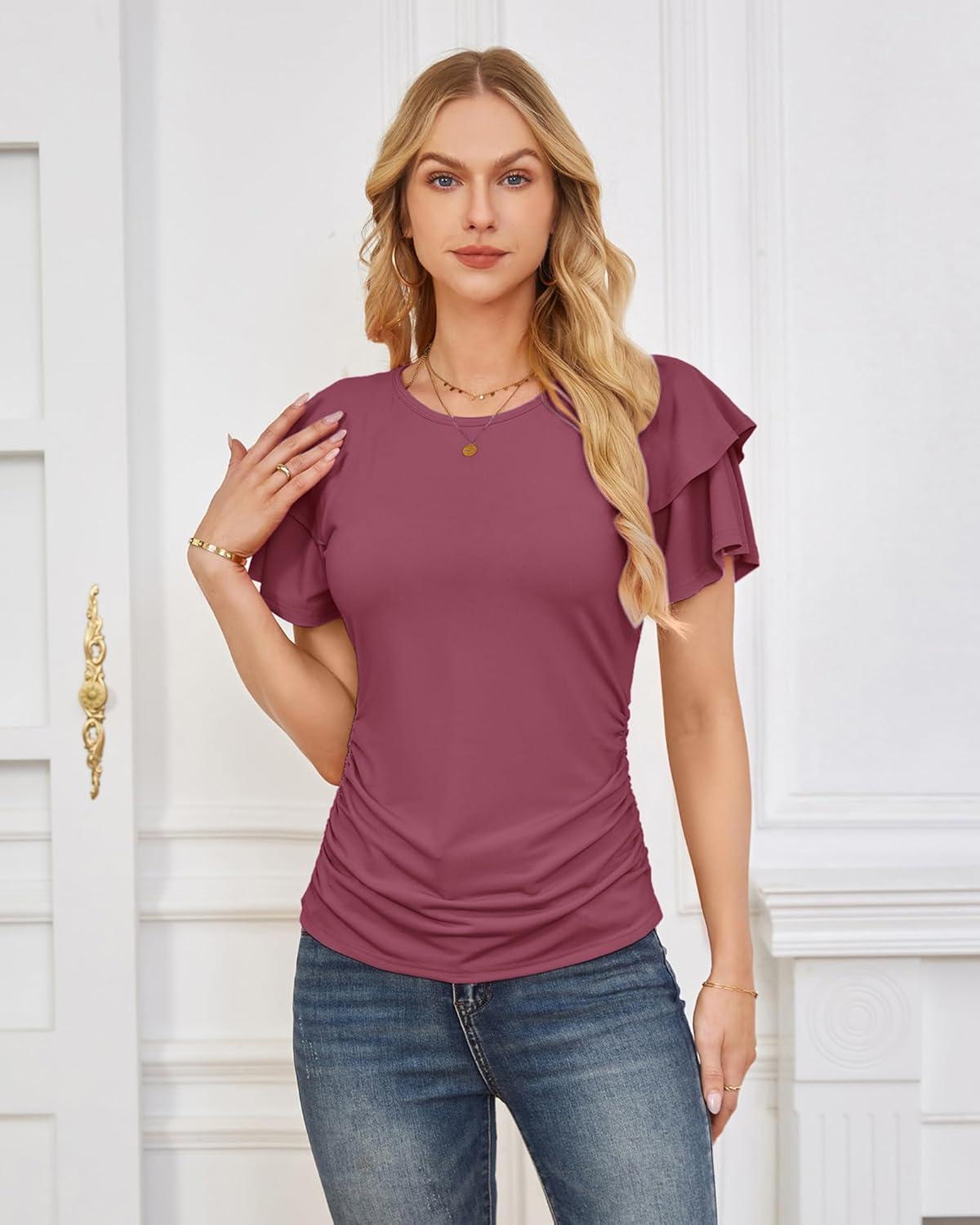 imageGRACE KARIN Summer Tops for Women Dressy Casual Ruffle Short Sleeve Work Shirt 2026 Spring Trendy Ruched Business BlousesFuchsia
