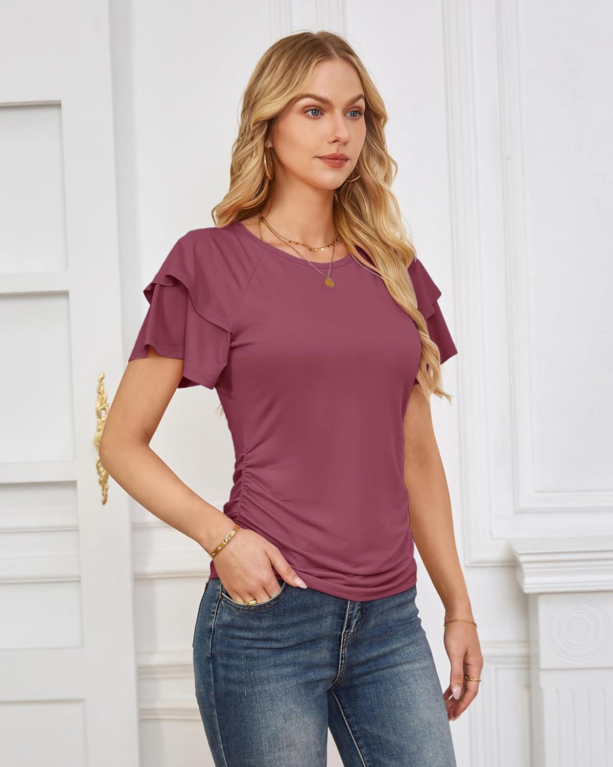 imageGRACE KARIN Summer Tops for Women Dressy Casual Ruffle Short Sleeve Work Shirt 2026 Spring Trendy Ruched Business BlousesFuchsia