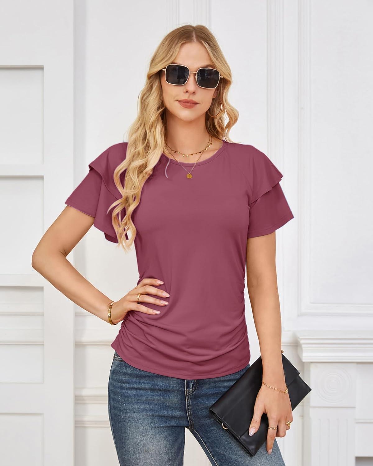 imageGRACE KARIN Summer Tops for Women Dressy Casual Ruffle Short Sleeve Work Shirt 2026 Spring Trendy Ruched Business BlousesFuchsia