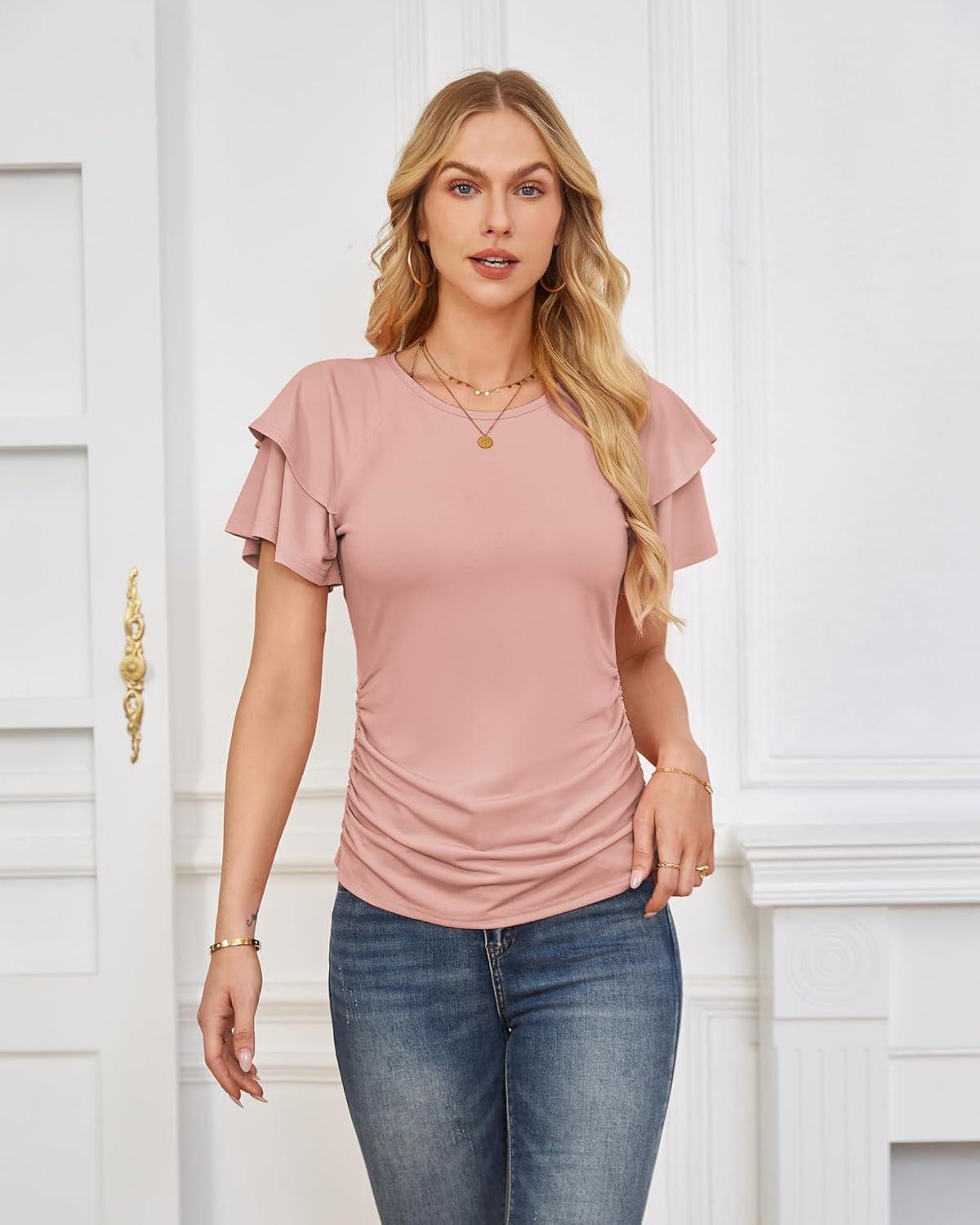 imageGRACE KARIN Summer Tops for Women Dressy Casual Ruffle Short Sleeve Work Shirt 2026 Spring Trendy Ruched Business BlousesLight Pink